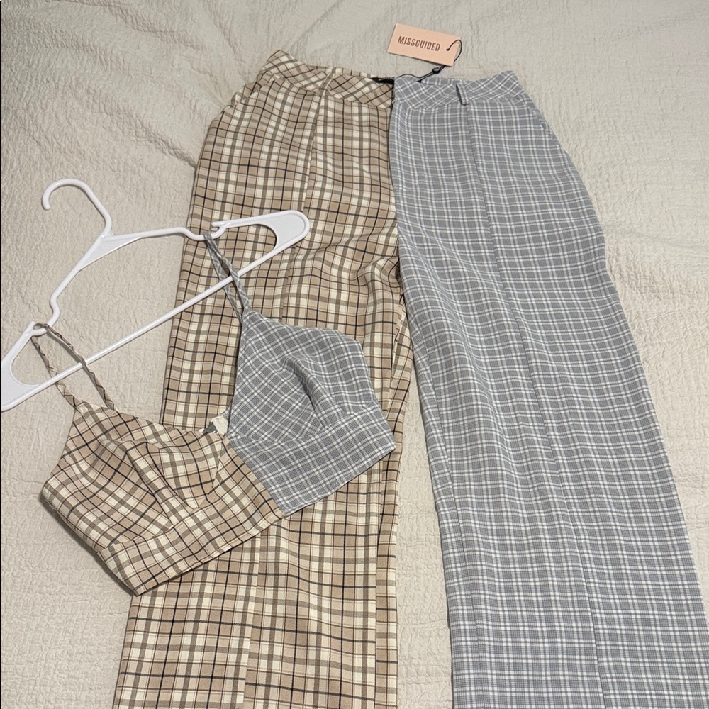 Missguided Plaid Mix Crop Cami & Dual Pants Set - Beige & Gray